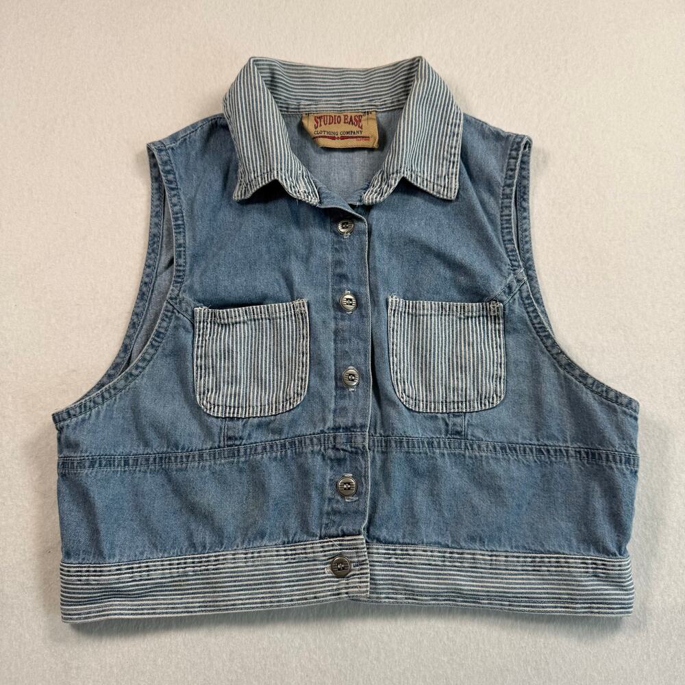 vintage 90s studio ease denim vest sleeveless top button up collared jean top